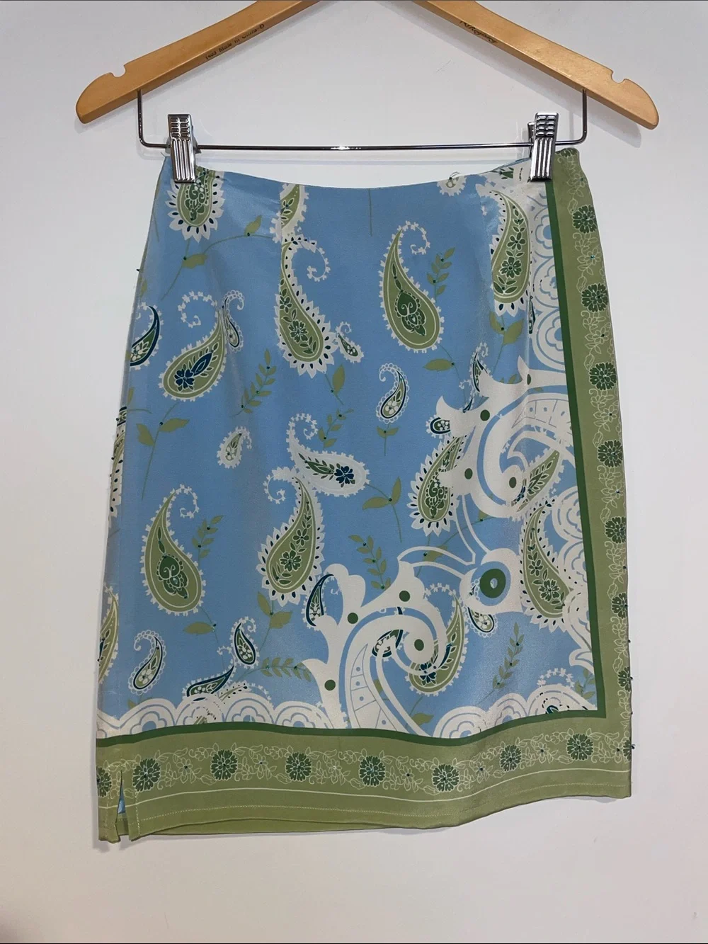 Tailor B. Moss Light Blue Silk Paisley Skirt with Green Accents